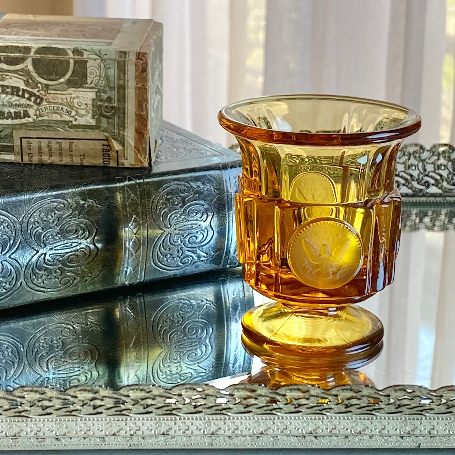 Vintage Fostoria Coin Glass Amber Cigarette Urn (circa 1958 - 1982
