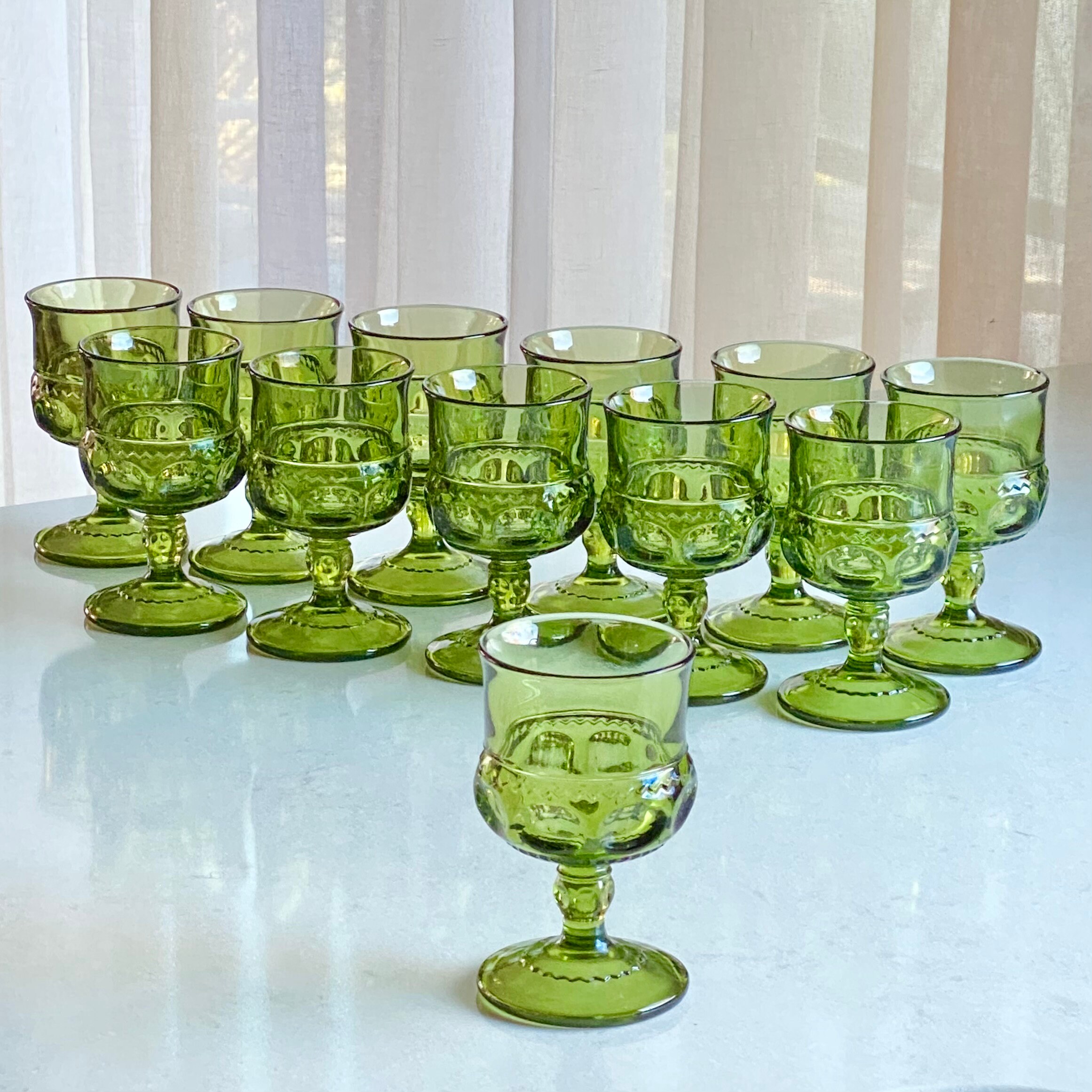 Vintage Textured Sage Green Striped Drinking Glasses Set of 6 - 13 oz  Ribbed Glassware with Flower Design