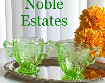 Vintage Anchor Hocking Cameo Dancing Ballerina Uranium Green Sugar and Creamer Set - circa 1930-1934