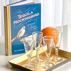 Puede incluir: Un libro de tapa dura azul titulado "Tequila Mockingbird: Cocktails with a Literary Twist" de Tim Federle. El libro está en una bandeja dorada con cinco vasos de chupito de vidrio transparente.