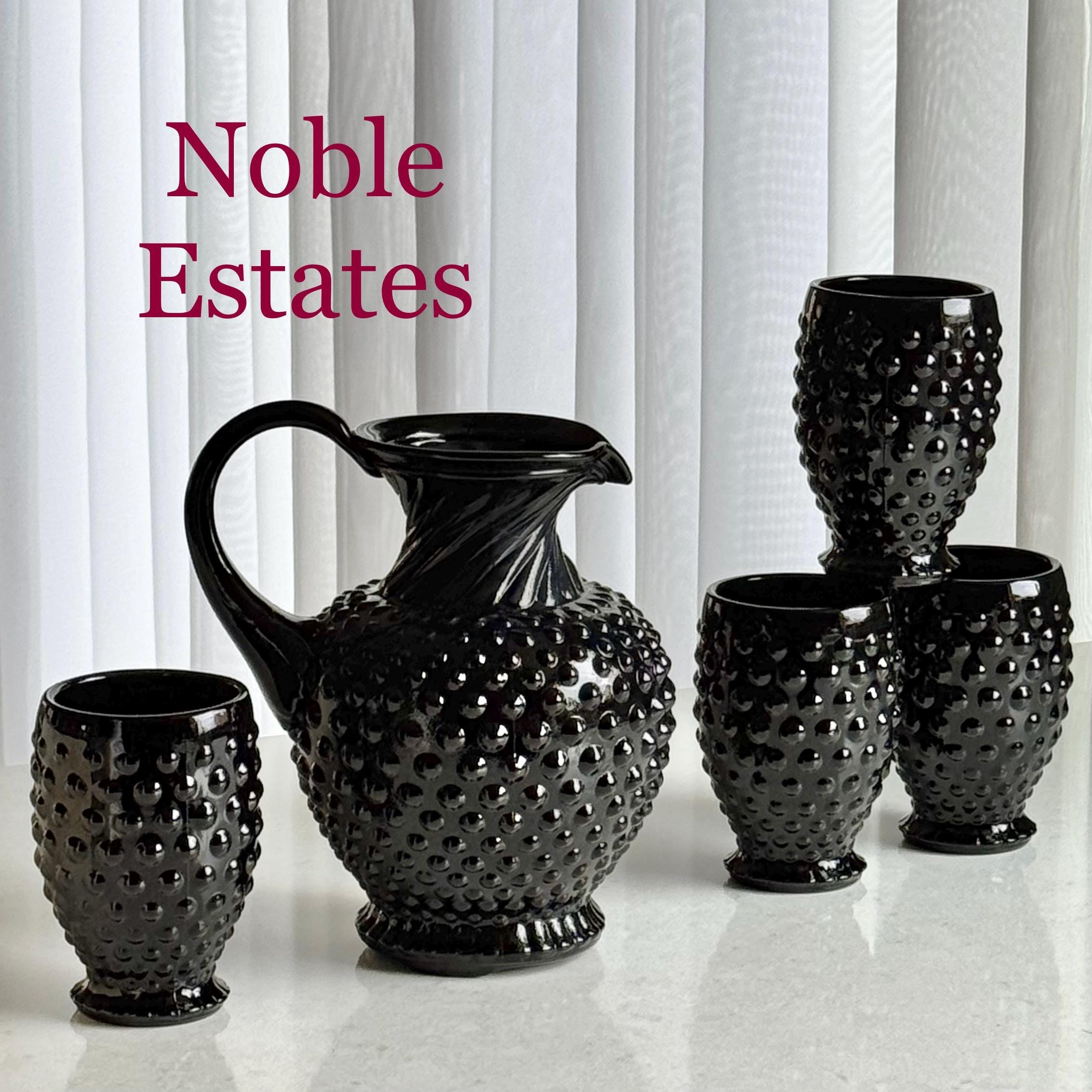 Indiana Glass Tiara Exclusives Black Hobnail Pitcher and 4