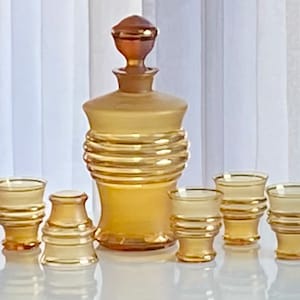 Vintage Amber Decanter and Five (5) Glasses