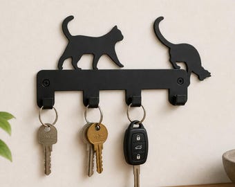 Black 3D Printed Cat Wall Key Holder, 4 Hooks, Entryway Organizer