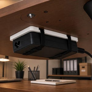 May include: A black rectangular power brick secured to the underside of a wooden desk with a white mounting bracket and two black hook-and-loop straps. The power adapter features a three-prong input port on one side and a black power cable extending out.
