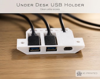 2 USB-A and 1 USB-C Under-Desk Extension Cable Holder, 3D Printed Mount