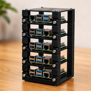 May include: A black vertical rack housing five stacked single-board computers. Each unit features visible Ethernet and USB ports with blue inserts, secured within a modular frame held together by silver metal screws at each corner of the levels.