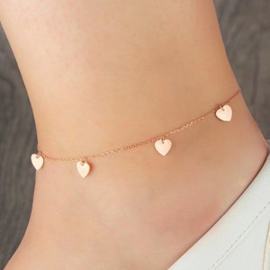 Rose Gold Heart Anklet: 925 Sterling Silver Adjustable Charm