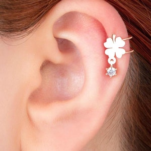 Clover Ear Cuff/ Dangle Ear Cuff Earrings/Helix Piercing/ Tiny Ear Cuff Earrings/ Wrap ear cuff/Gold Ear Cuff/Cartilage Earrings/CZ Charm