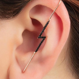 Gold Lightning Bolt Ear Pin: Zircon Stone Sterling Silver Cuff