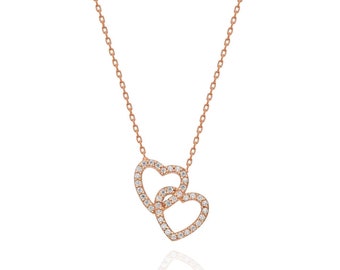 Collana di cuori collegati, Coppia di cuori, Argento sterling 925 Oro rosa 14k, Regalo per le donne, Regalo per la damigella d'onore, Regalo per la mamma, Regalo per lei