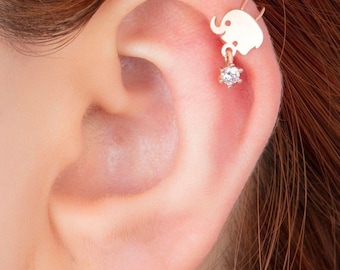 Sterling Silver Elephant Ear Cuff: Dangle CZ Charm, Helix Cartilage Earring