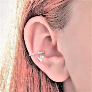 Triangle Gem Dangle Piercing/Helix piercing/Sterling Silver Charm CZ Zirconia Ear Cuff/Rose Gold Ear Cuff/Gold Ear Cuff/None-Pieced Earrings