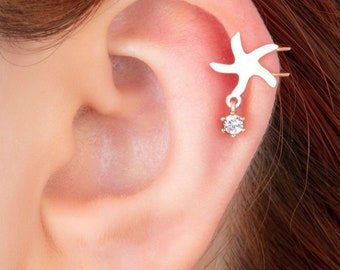 Starfish Sterling Silver Ear Cuff: Dangle CZ Charm, Helix Cartilage Earring