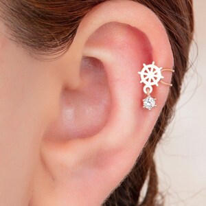 Ship Wheel Ear Cuff No Piercing/Dangle ear cuff earrings/Helix piercing/ Wrap ear cuff/Gold Ear Cuff/Cartilage Earrings/CZ Charm