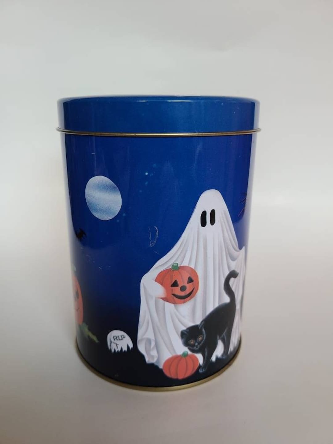 Vintage Halloween Decor Canister Tin Container Ghost Black Cat Etsy