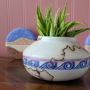 May include: White ceramic planter with blue and pink painted designs and a black burnt pattern. The planter is filled with a green succulent plant.