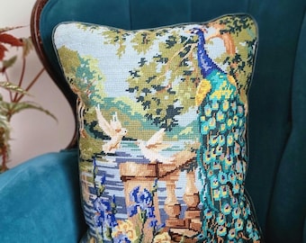Needlepoint pillow handmade cottage style PEACOCK and doves irises lake tapestry style design Pretty fun colorful home decor ooak throw teal