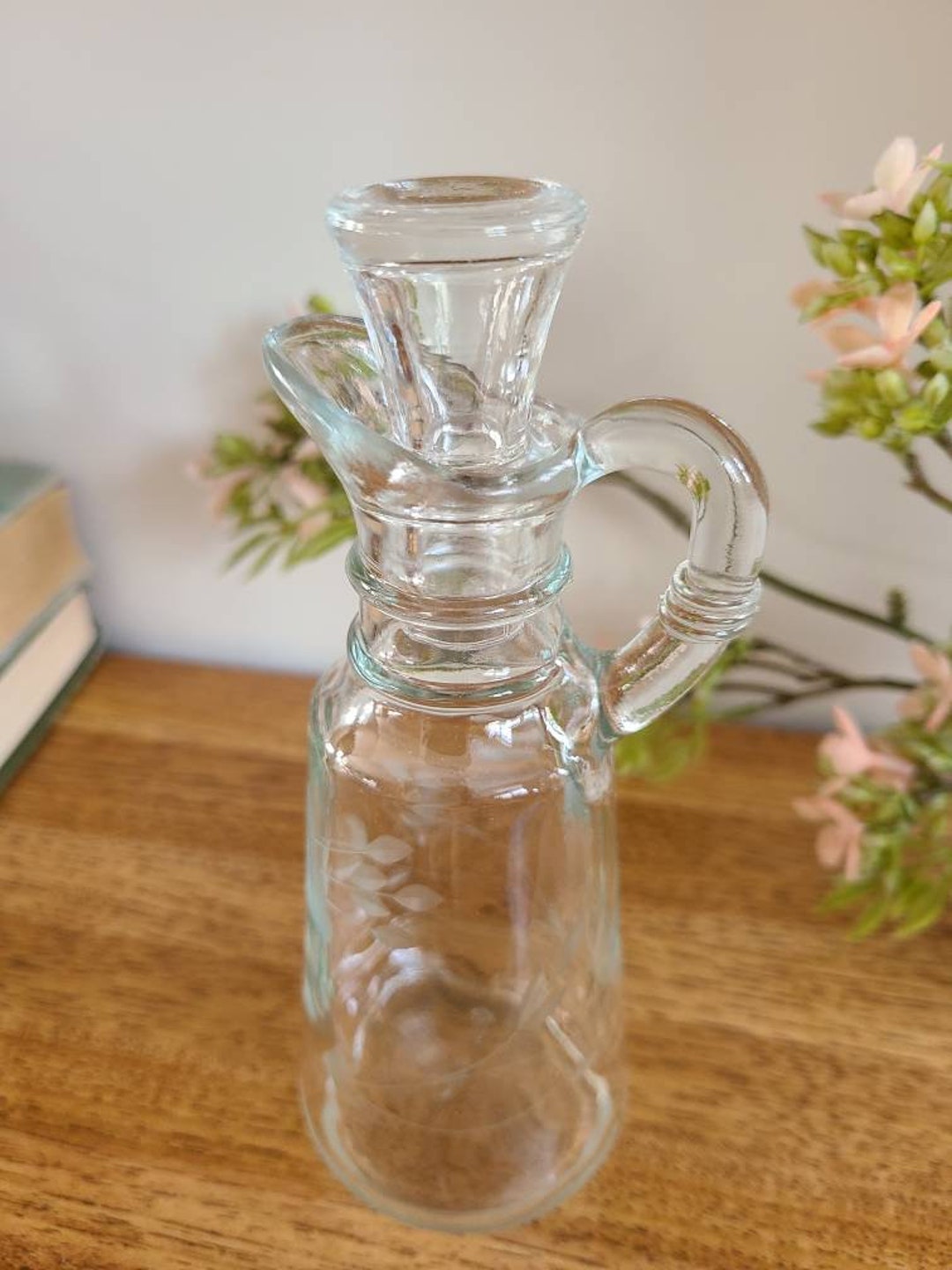 Vintage Etched Glass Cruet With Glass Stopper Anchor and Hocking Oil or