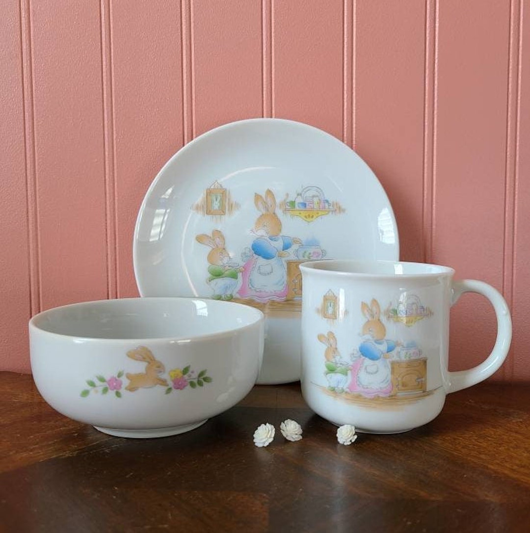 Spring Rabbit Dish Vintage Kids Easter Bunny Dish Set Spring Peter Cotton Tail Plate Baby ...