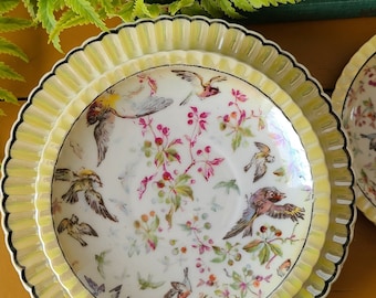 Lusterware plates 8 pieces | beautiful bird transferware with iridescent yellow trim | pleated plates black stripe colorful iris berries