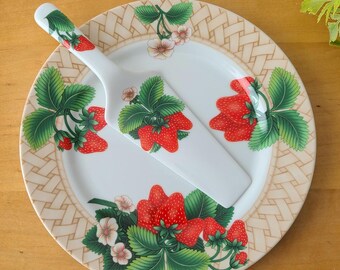 Vintage Strawberry cake plate and server Andrea by Sadek 2 piece made in Japan summer garden style strawberry basket pattern porcelain