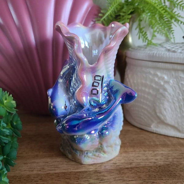 Vintage lusterware iridescent dolphin vase with opalescent sea shell pair of dolphins swimming kitsch decor blue purple pink ocean scene