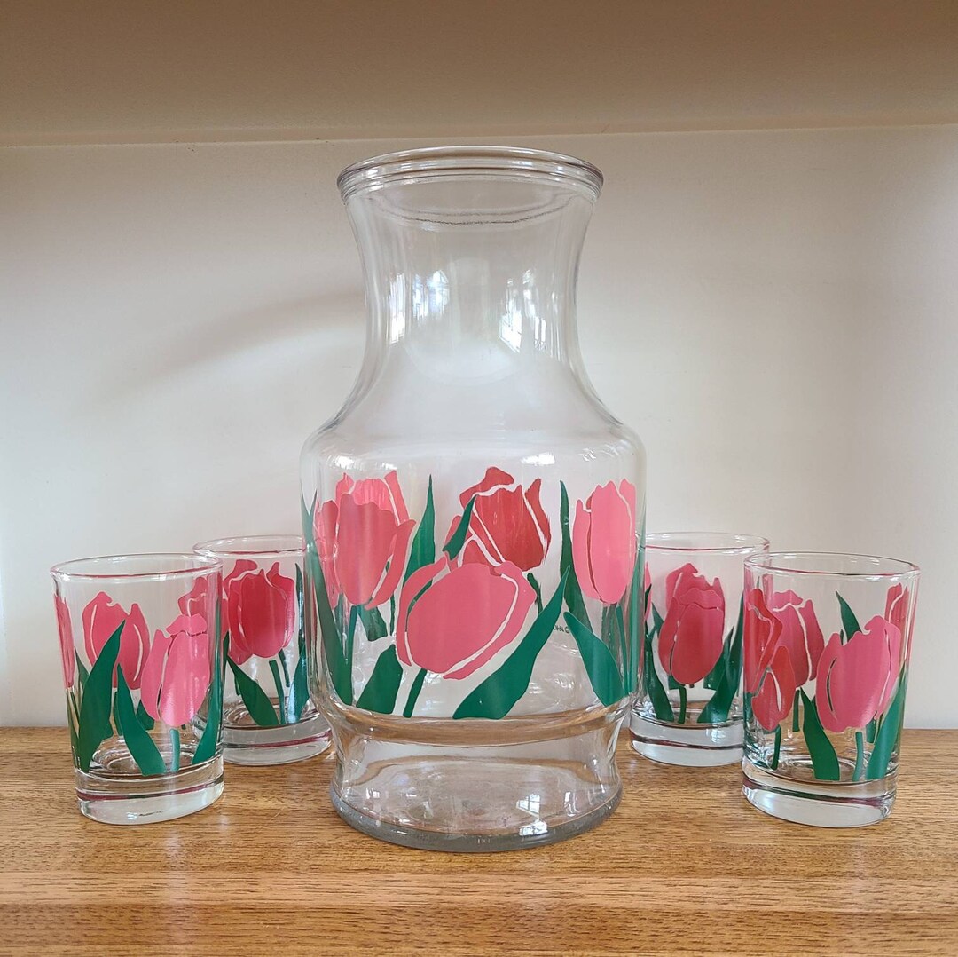 Vintage Juice Pitcher Set Pink and Green Spring Tulips Serving Set
