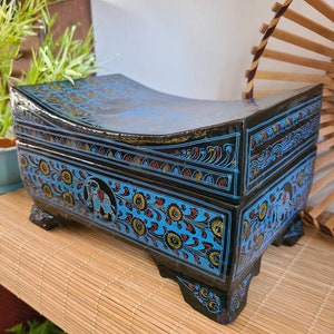 Vintage bright blue and black lacquer box footed with elephant motif beautifully painted Indian Asian Moroccan style