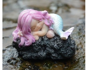 LSHCX Resin Sleeping Little Mermaid Statue for Miniature Fairy Garden and Aquarium Decorations 