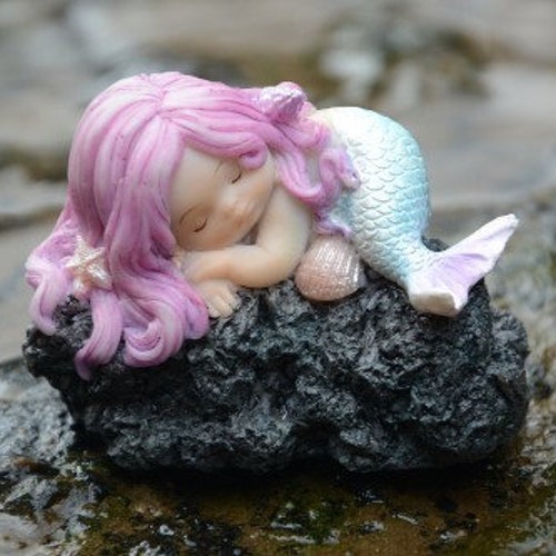 Sleeping Little Mermaid On Rock, Fairy Garden, Mini Mermaid, Aquarium Mermaid