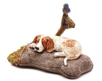 Fairy Garden Dog Sleeping On Seed Bed, Miniature Dog