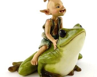 Garden Pixie Riding Frog, Fairy Garden, Mini Pixie, Miniature Frog