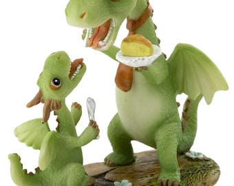 Papa Dragon Eating Cake with Mini Dragon, Fairy Garden, Mini Dragon, Dragon Playing, Miniature Dragon