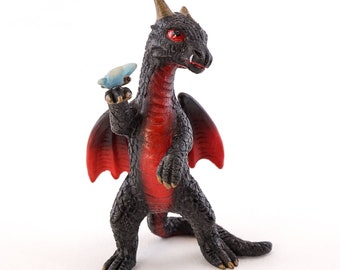 Mini Black Dragon with Dragonfly, Fairy Garden, Mini Dragon, Miniature Dragon