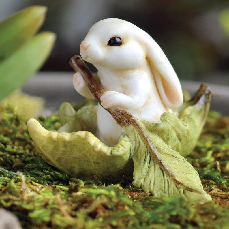 Bunny Leaf Boat, Mini Bunny, Bunny Rowing, Fairy Garden Bunny image 1