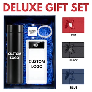 Cadeauset met gepersonaliseerd bedrijfslogo | Premium slimme thermoskan, draagbare oplader en USB-C-oplaadset | Aangepast relatiegeschenk | Bulkbestelling klantcadeau