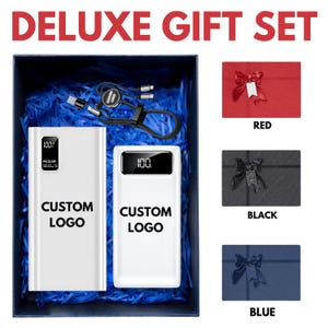 Custom Corporate Logo Gift Set | 2x Premium Portable Chargers , Multi-function Adapter and USB-C Cable | Business Bulk Order Client Gift