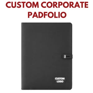 May include: Black leather padfolio with a silver zipper and a white "CUSTOM LOGO" label.
