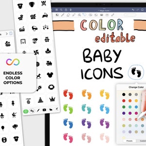 以下が含まれることがあります： タブレットの画面に表示されているデジタル描画アプリ。手はスタイラスを使ってカラーパレットから色を選択しています。アプリには、色が編集可能なベビーアイコンのセットがあります。画面には「COLOR editable BABY ICONS」というテキストが表示されています。