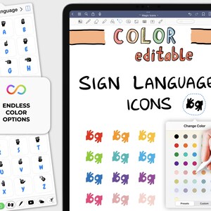 Könnte beinhalten: Eine digitale Zeichen-App auf einem iPad, auf der eine Hand mit einem Stift eine Farbe aus einer Farbpalette auswählt. Die App wird verwendet, um Gebärdensprachsymbole zu erstellen. Der Text auf dem Bildschirm lautet "COLOR editable" und "SIGN LANGUAGE ICONS".
