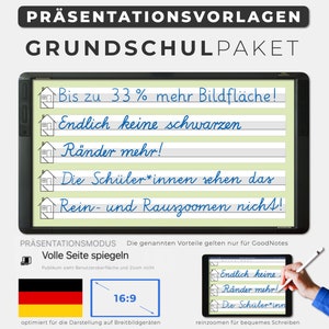 Könnte beinhalten: Ein digitales Whiteboard mit grünem Hintergrund und blau handschriftlichem Text. Der Text lautet "Bis zu 33% mehr Bildfläche!" "Endlich keine schwarzen Ränder mehr!" "Die Schüler*innen sehen das Rein- und Rauszoomen nicht!" Das Whiteboard befindet sich auf einem schwarzen Rahmen und wird mit einem Stift verwendet.