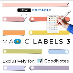 Könnte beinhalten: Ein Satz von bunten, editierbaren Etiketten für GoodNotes. Die Etiketten sind in verschiedenen Formen und Größen, darunter Rechtecke, Kreise und Sterne. Die Etiketten sind für die Organisation und Kennzeichnung von Notizen, Dokumenten und anderen digitalen Inhalten konzipiert. Der Text auf dem Bild lautet "Unbegrenzte Farboptionen Ändern Sie die Farbe, die Sie möchten", "Farbe editierbar", "Farbe ändern", "MAIC LABELS 3", "Exklusiv für GoodNotes", und "Benutzerfreundliche Sticker-Sammlung Bundle-Import".