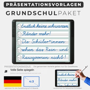 Könnte beinhalten: Ein digitaler Tablet-Bildschirm zeigt eine Präsentationsvorlage für die Grundschule. Die Vorlage enthält eine handschriftliche blaue Nachricht mit dem Text "Endlich keine schwarzen Ränder mehr! Die Schüler*innen sehen das Rein- und Rauszoomen nicht!" Die Vorlage ist für ein 4:3-Seitenverhältnis optimiert.