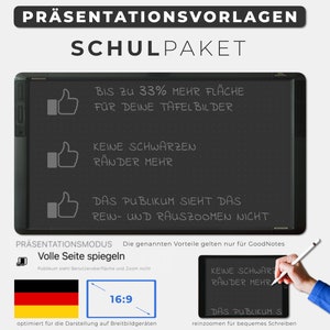 Puede incluir: Una imagen en blanco y negro de una pizarra digital con un icono de pulgar hacia arriba y el texto "Bis zu 33% mehr Fläche für deine Tafel Bilder", "Keine schwarzen Ränder mehr" y "Das Publikum sieht das rein- und rauszoomen nicht". La imagen también muestra una mano sosteniendo un lápiz óptico y una tableta digital con el texto "Keine schwarzen Ränder mehr" y "Das Publikum sieht das reinzoomen für bequemes Schreiben".
