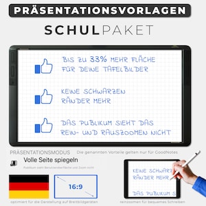 Könnte beinhalten: Ein Whiteboard mit blauen Daumen-hoch-Symbolen und Text, der "Bis zu 33% mehr Fläche für deine Tafel Bilder", "Keine schwarzen Ränder mehr" und "Das Publikum sieht das rein- und rauszoomen nicht" lautet. Der Text "Die genannten Vorteile gelten nur für GoodNotes" ist ebenfalls sichtbar. Eine deutsche Flagge ist in der linken unteren Ecke abgebildet. Ein weißes Rechteck mit dem Text "16:9" ist in der rechten unteren Ecke abgebildet. Der Text "Präsentationsvorlagen Schulpaket" ist oben im Bild zu sehen.