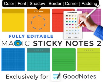 GoodNotes digital stickers: MAGIC STICKY NOTES 2 | color editable elements