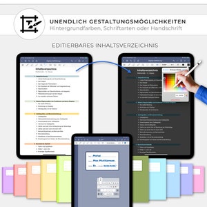May include: A digital tablet displaying a customizable table of contents for a math notebook. The notebook cover is also customizable with a color palette and a space for a name and date. The text on the screen reads "Inhaltsverzeichnis" and "Mathe".