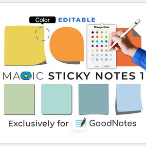 May include: A set of four colorful sticky notes for GoodNotes app. The notes are editable and can be customized with unlimited color options. The notes are labeled "Magic Sticky Notes 1".
