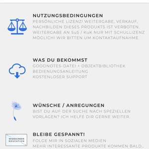Op de afbeelding: Een blauw en wit weegschaalpictogram met de tekst "Nutzungsbedingungen" in zwart. De tekst onder het pictogram luidt "Pers&ouml;nliche Lizenz! Weitergabe, Verkauf, Nachbilden dieses Produkts ist verboten. Weitergabe an Sus / KuK nur mit Schullizenz m&ouml;glich! Wir bitten um Kontaktaufnahme."