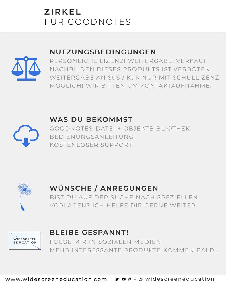 Op de afbeelding: Een blauw en wit weegschaalpictogram met de tekst "Nutzungsbedingungen" in zwart. De tekst onder het pictogram luidt "Pers&ouml;nliche Lizenz! Weitergabe, Verkauf, Nachbilden dieses Produkts ist verboten. Weitergabe an Sus / KuK nur mit Schullizenz m&ouml;glich! Wir bitten um Kontaktaufnahme."
